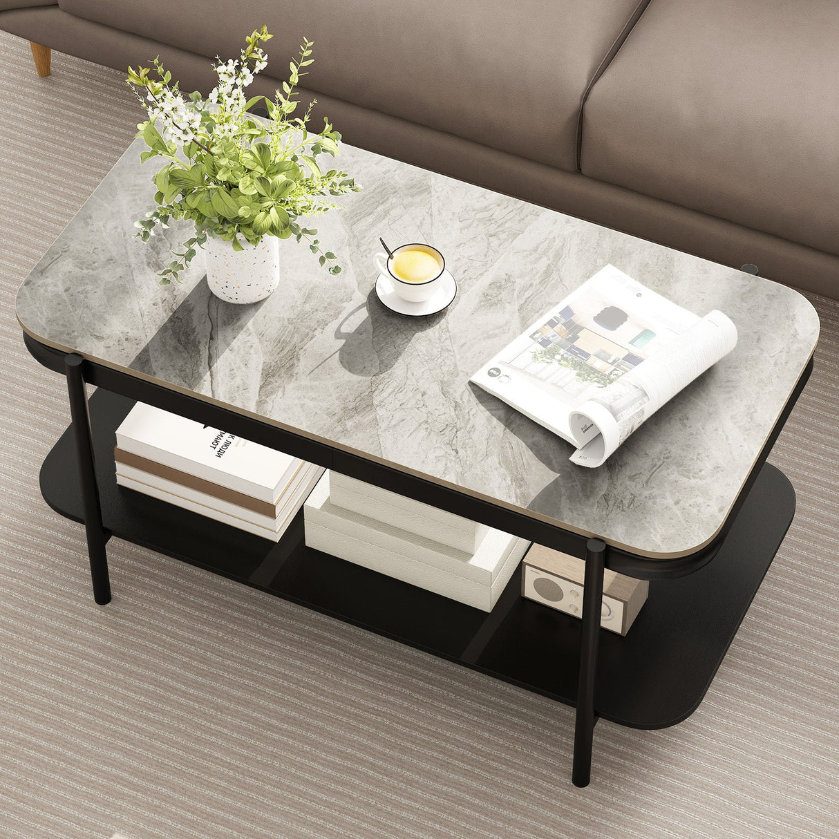 Mesa de centro rectangular moderna de 2 niveles con tapa de piedra sinterizada