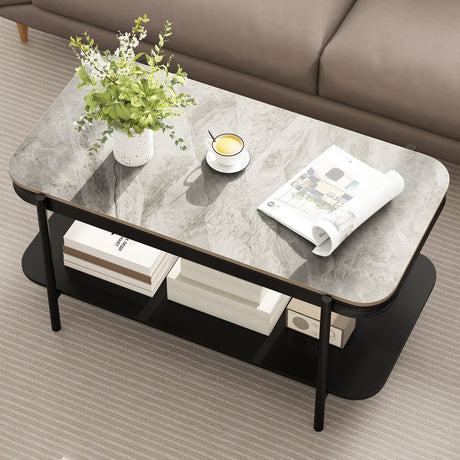 Mesa de centro rectangular moderna de 2 niveles con tapa de piedra sinterizada