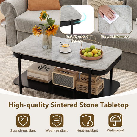 Mesa de centro rectangular moderna de 2 niveles con tapa de piedra sinterizada