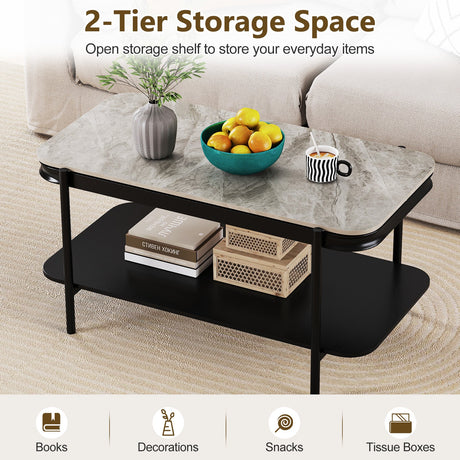 Mesa de centro rectangular moderna de 2 niveles con tapa de piedra sinterizada