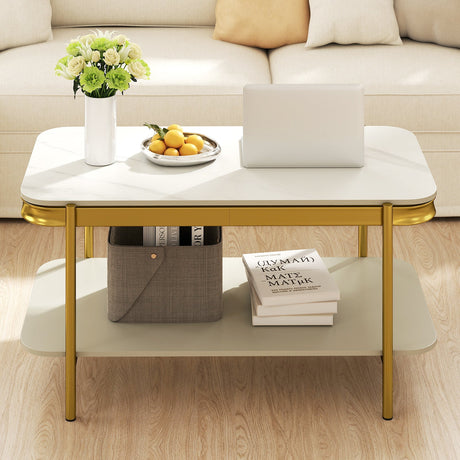 Mesa de centro rectangular moderna de 2 niveles con tapa de piedra sinterizada
