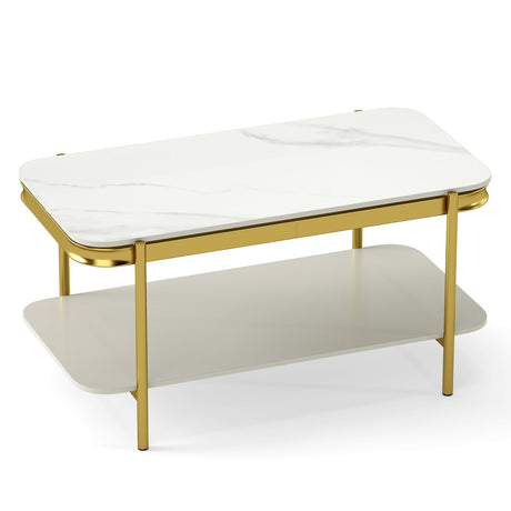 Mesa de centro rectangular moderna de 2 niveles con tapa de piedra sinterizada