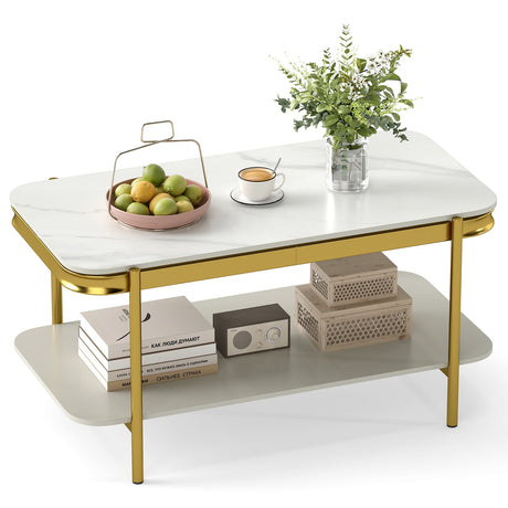 Mesa de centro rectangular moderna de 2 niveles con tapa de piedra sinterizada