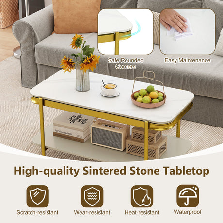 Mesa de centro rectangular moderna de 2 niveles con tapa de piedra sinterizada