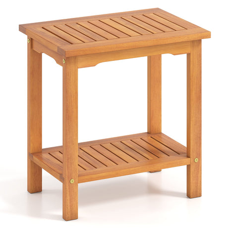 Mesa auxiliar de acacia de 2 niveles para exteriores con tablero de listones y estante de almacenamiento