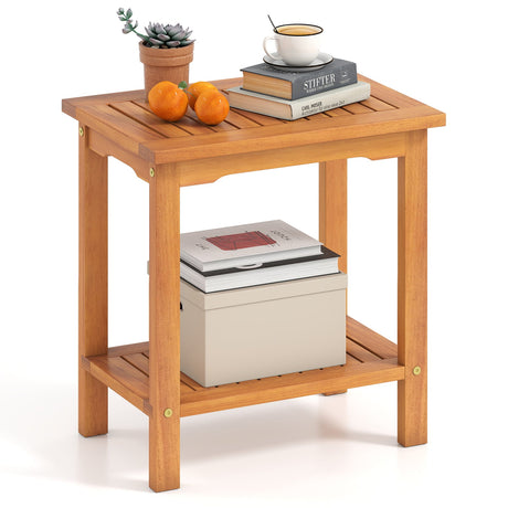 Mesa auxiliar de acacia de 2 niveles para exteriores con tablero de listones y estante de almacenamiento