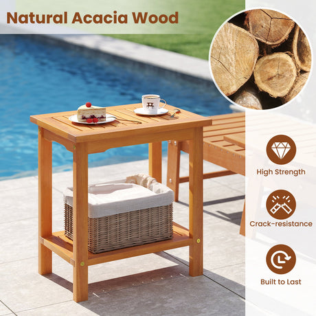 Mesa auxiliar de acacia de 2 niveles para exteriores con tablero de listones y estante de almacenamiento