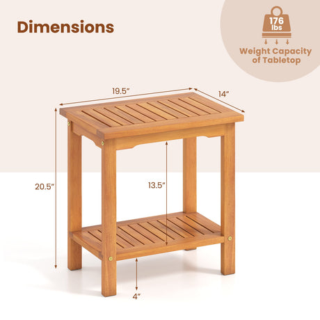 Mesa auxiliar de acacia de 2 niveles para exteriores con tablero de listones y estante de almacenamiento
