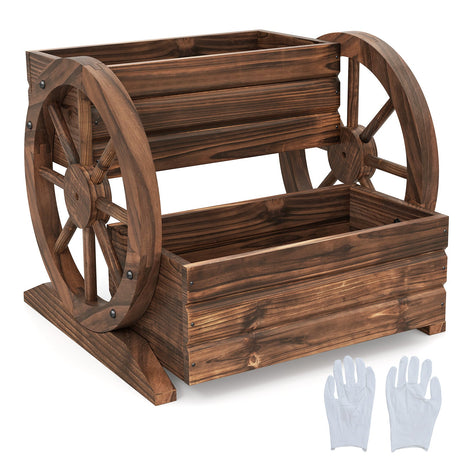 Jardinera elevada de 2 niveles con forma de carro rústico de madera, con orificios de drenaje y ruedas - Café