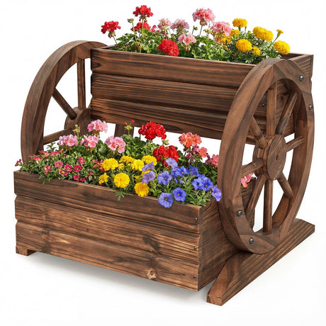Jardinera elevada de 2 niveles con forma de carro rústico de madera, con orificios de drenaje y ruedas - Café