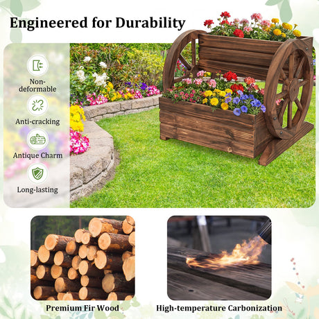 Jardinera elevada de 2 niveles con forma de carro rústico de madera, con orificios de drenaje y ruedas - Café