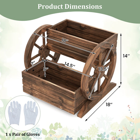 Jardinera elevada de 2 niveles con forma de carro rústico de madera, con orificios de drenaje y ruedas - Café