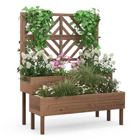 Jardinera elevada de 2 niveles con enrejado - Marrón