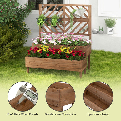 Jardinera elevada de 2 niveles con enrejado - Marrón