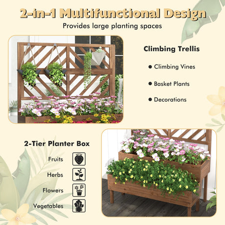 Jardinera elevada de 2 niveles con enrejado - Marrón
