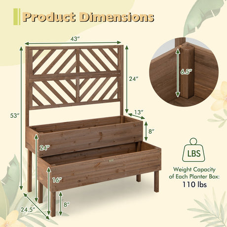Jardinera elevada de 2 niveles con enrejado - Marrón