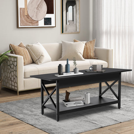 Mesa de centro rectangular de 2 niveles con estante de almacenamiento y marco de metal en forma de X - Negra