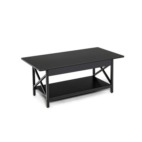 Mesa de centro rectangular de 2 niveles con estante de almacenamiento y marco de metal en forma de X - Negra