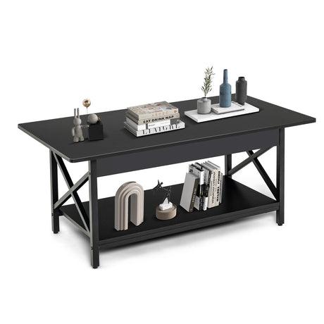 Mesa de centro rectangular de 2 niveles con estante de almacenamiento y marco de metal en forma de X - Negra