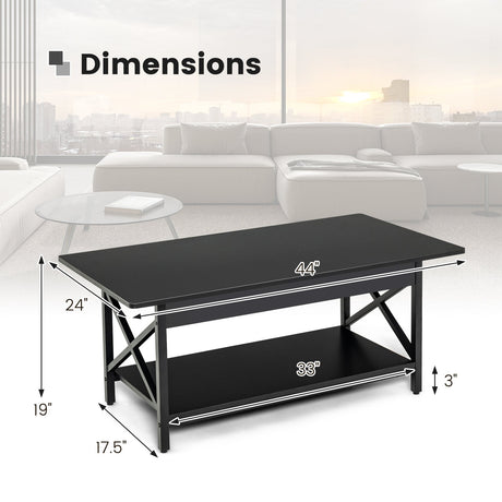 Mesa de centro rectangular de 2 niveles con estante de almacenamiento y marco de metal en forma de X - Negra