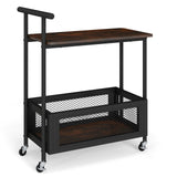 2-Tier Rolling End Table with Handle and Mesh Basket-Rustic Brown