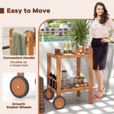 2 Tier Rolling Serving Cart with Wine Bottle Holders and 2 Rubber Wheels