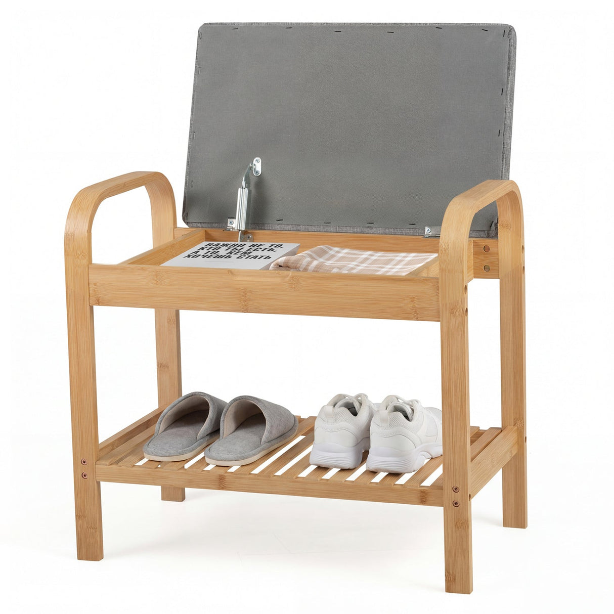 Zapatero de 2 niveles con asiento y almacenaje con tapa abatible - Natural