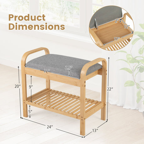 Zapatero de 2 niveles con asiento y almacenaje con tapa abatible - Natural