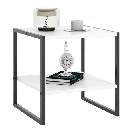 Mesa Auxiliar Cuadrada de 2 Niveles con Estante de Almacenamiento Diseño Reversible-Blanco