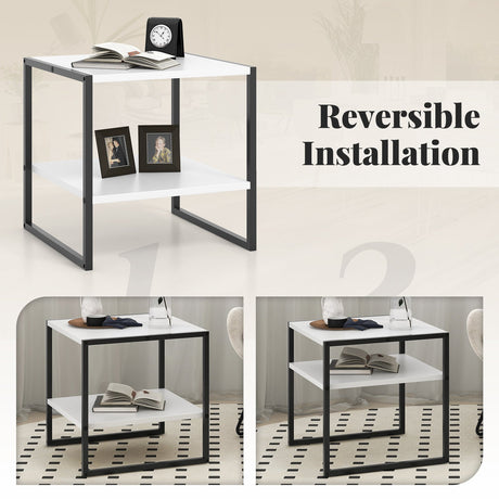 Mesa Auxiliar Cuadrada de 2 Niveles con Estante de Almacenamiento Diseño Reversible-Blanco