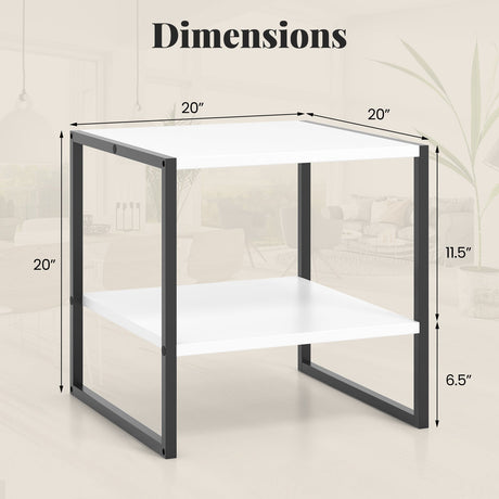 Mesa Auxiliar Cuadrada de 2 Niveles con Estante de Almacenamiento Diseño Reversible-Blanco