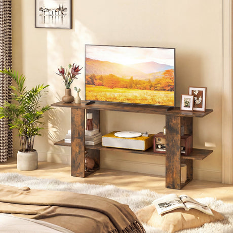 Mueble de TV de 2 niveles con almacenamiento para televisores de hasta 55 pulgadas, mesa consola con estante abierto