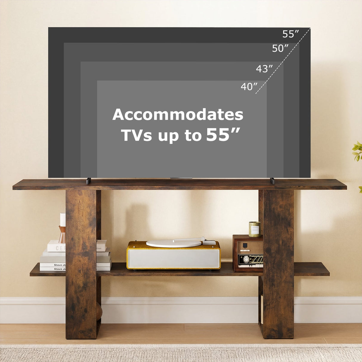 Mueble de TV de 2 niveles con almacenamiento para televisores de hasta 55 pulgadas, mesa consola con estante abierto