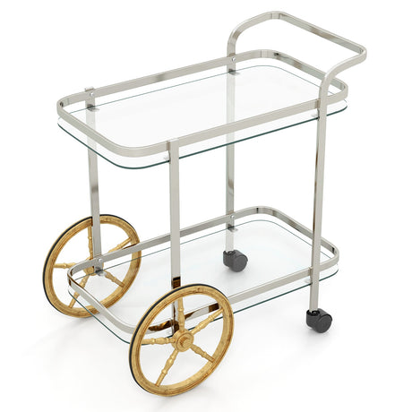 Carro Bar de 2 Niveles de Vidrio Templado con 2 Ruedas Grandes de Aluminio y 2 Ruedas Giratorias