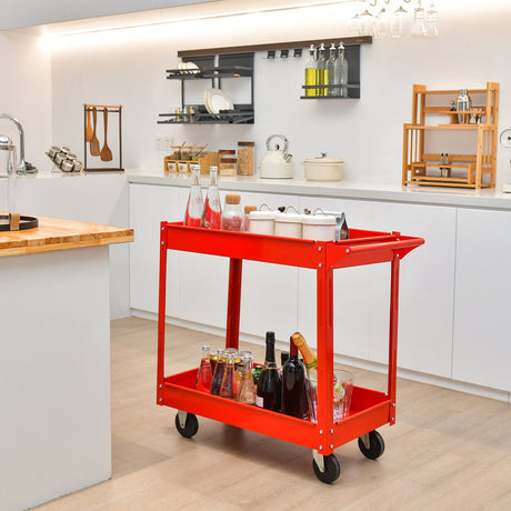 Carrito utilitario de 2 niveles con asa y estructura metálica resistente - Rojo