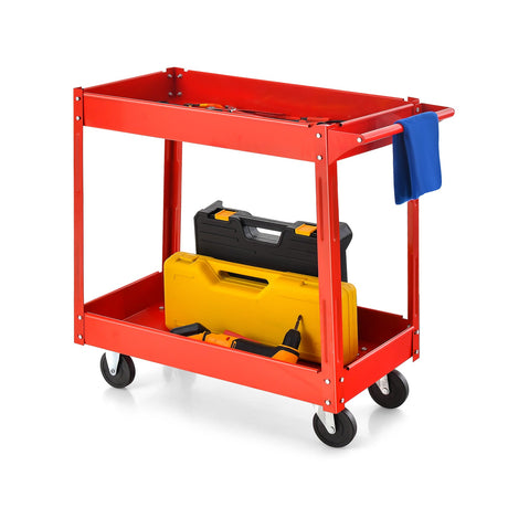 Carrito utilitario de 2 niveles con asa y estructura metálica resistente - Rojo