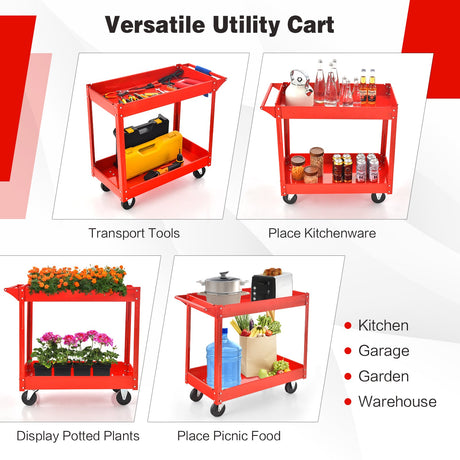 Carrito utilitario de 2 niveles con asa y estructura metálica resistente - Rojo
