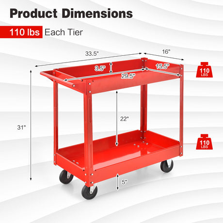 Carrito utilitario de 2 niveles con asa y estructura metálica resistente - Rojo