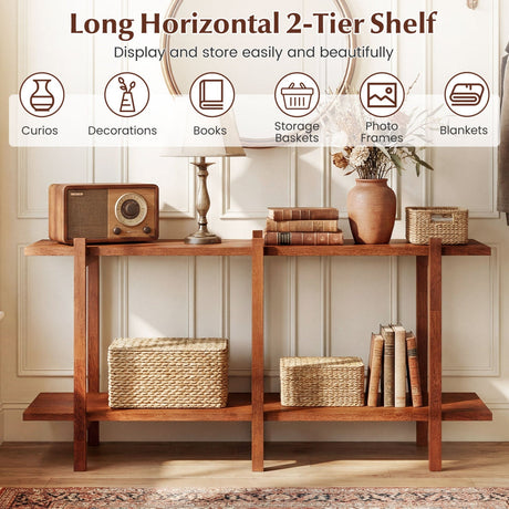 Estantería Baja de Madera de 2 Niveles Horizontal de Caucho para Exhibición - Nogal