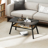 Mesa de centro rectangular de 2 niveles con estante de almacenamiento de ratán y patas de madera de caucho - Gris oscuro