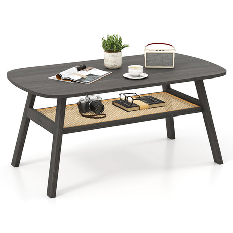 Mesa de centro rectangular de 2 niveles con estante de almacenamiento de ratán y patas de madera de caucho - Gris oscuro