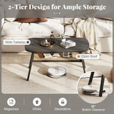 Mesa de centro rectangular de 2 niveles con estante de almacenamiento de ratán y patas de madera de caucho - Gris oscuro
