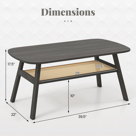 Mesa de centro rectangular de 2 niveles con estante de almacenamiento de ratán y patas de madera de caucho - Gris oscuro