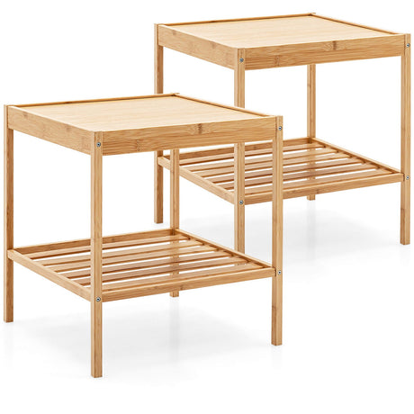 2 Mesitas de Noche de Bambú de 2 Niveles para Sala de Estar y Dormitorio - Natural