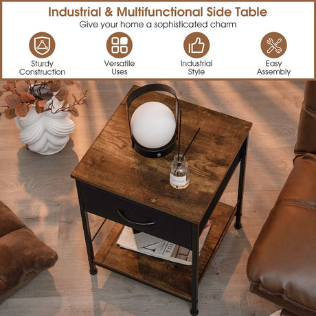 Mesa de Noche de Madera de 2 Niveles con Cajón para Dormitorio y Sala de Estar - Marrón Rústico