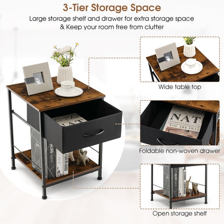 Mesa de Noche de Madera de 2 Niveles con Cajón para Dormitorio y Sala de Estar - Marrón Rústico