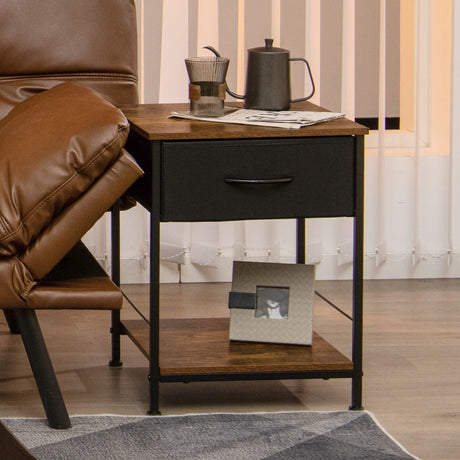 Mesa de Noche de Madera de 2 Niveles con Cajón para Dormitorio y Sala de Estar - Marrón Rústico