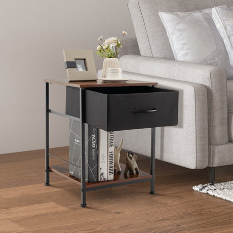Mesa de Noche de Madera de 2 Niveles con Cajón para Dormitorio y Sala de Estar - Marrón Rústico