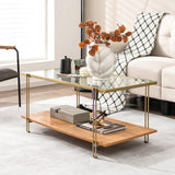 Mesa de centro rectangular de cristal de 2 niveles con estructura de acero blanca y dorada-Dorado