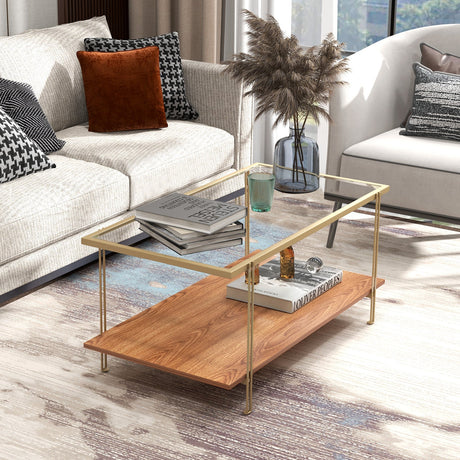 Mesa de centro rectangular de cristal de 2 niveles con estructura de acero blanca y dorada-Dorado